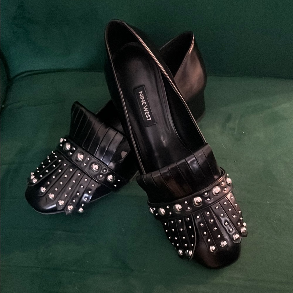 Nine West Black Studded Fringe Flats